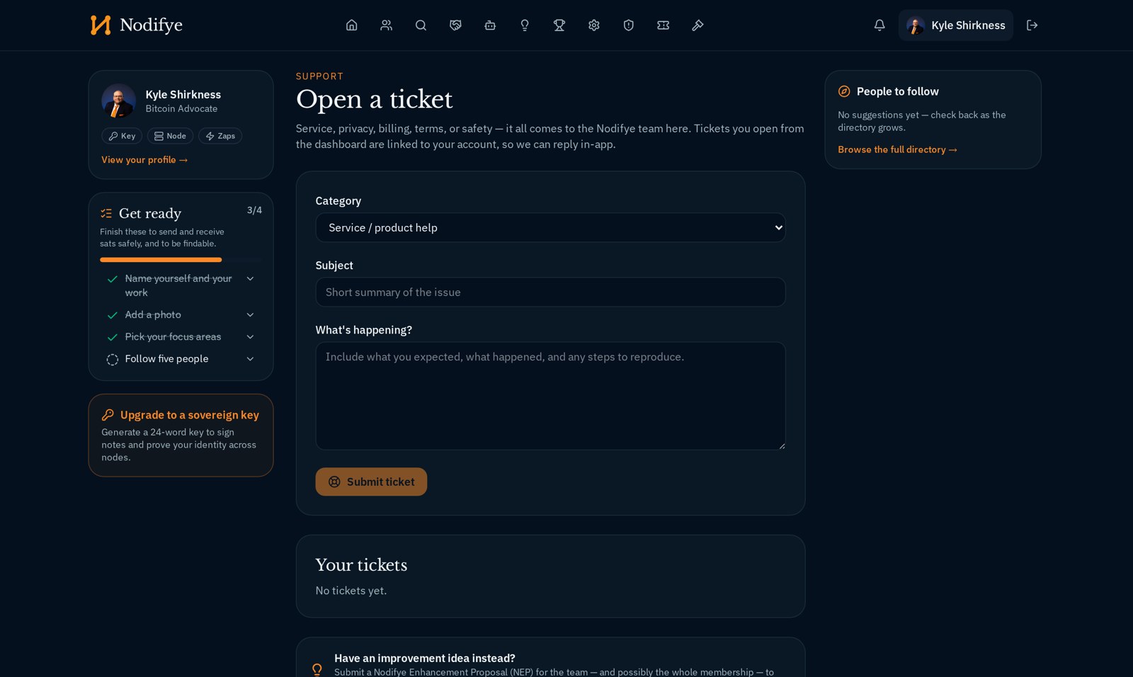 The Nodifye support ticket form with categories and the enhancement proposal prompt