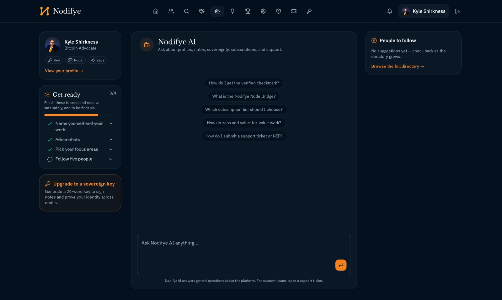 Nodifye AI assistant with suggested questions about the platform