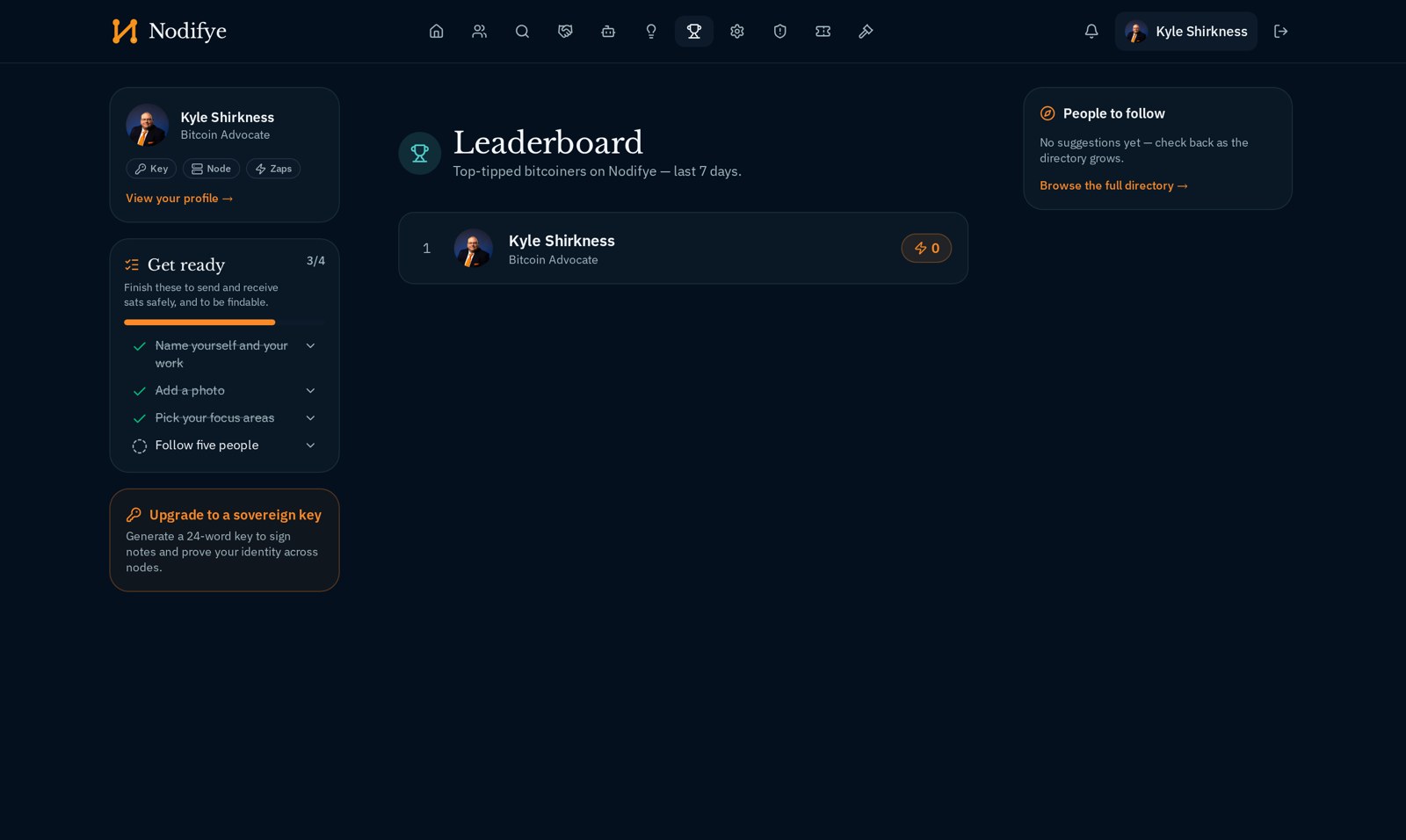 The Nodifye leaderboard ranking members by sats received in the last seven days