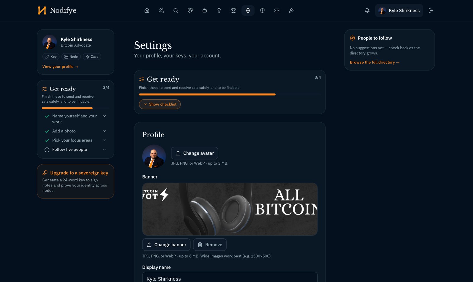 The Nodifye settings page with the Sovereignty section for node connection and keys