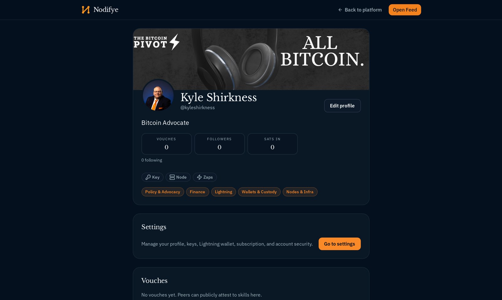 A Nodifye member profile showing headline, focus areas, and Key, Node and Zaps marks